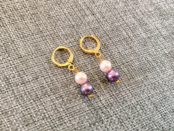 Pink & Purple Pearl Stack Huggie Hoop Earrings – Gold Leverback Freshwater Pearl Jewelry
