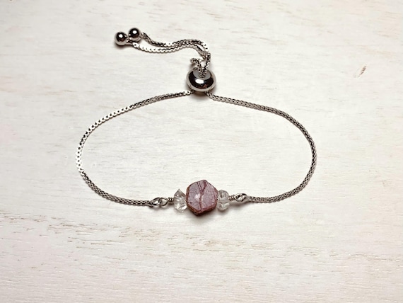Ruby & Herkimer Bracelet – Genuine Gemstone Adjustable April or July Birthstone Gift