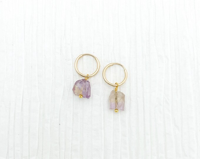 RAW AMETRINE 14k Gold Filled Endless Hoop Earrings, Dainty Hoop Dangle Earrings