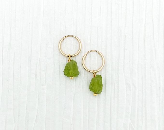 RAW PERIDOT 14k Gold Filled Endless Hoop Earrings, Dainty Hoop Dangle Earrings