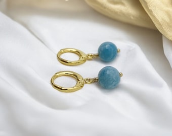 LARIMAR Round Bead Huggie Hoops Lever Back Hoop Earrings With Genuine Gemstone Beads