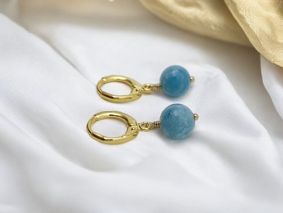 Larimar Bead Huggie Hoop Earrings – Genuine Gemstone Leverback Hoops in 14k Gold Filled or Sterling Silver