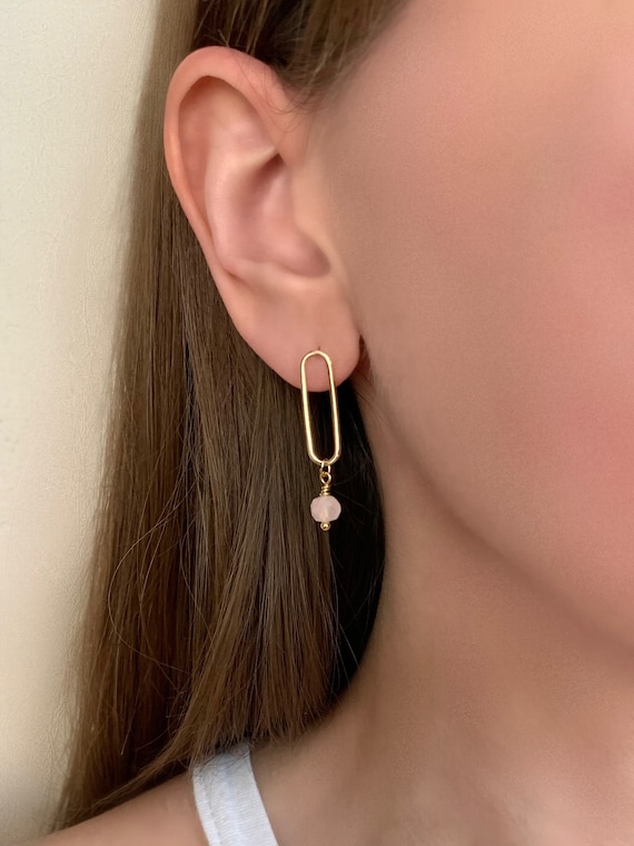 Rose Quartz Cube Chain Earrings – Long Link Studs – Gold Filled or Sterling Silver
