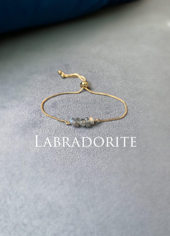 Labradorite Beaded Bracelet – Genuine Gray Gemstone Adjustable Crystal Jewelry Gift