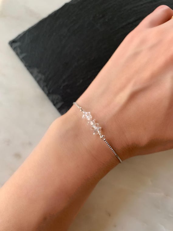 Herkimer Diamond Bracelet – Genuine Quartz Beaded Adjustable Gemstone Jewelry in Gold or Silver