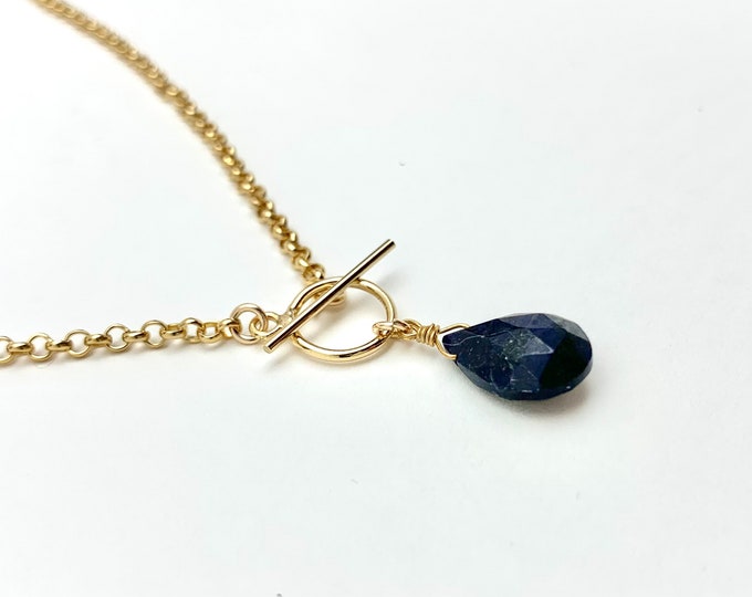 BLUE SAPPHIRE Rolo Chain Necklace, Natural Gemstone Pendant Necklace in 14k Gold Filled or Sterling Silver