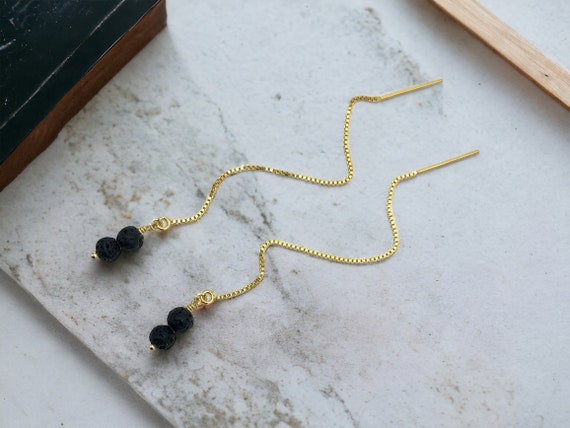 Black Lava Gemstone Threader Earrings – Two Stone Pull Through Box Chain in 14k Gold Filled or Sterling Silver – Minimalist Jewelry