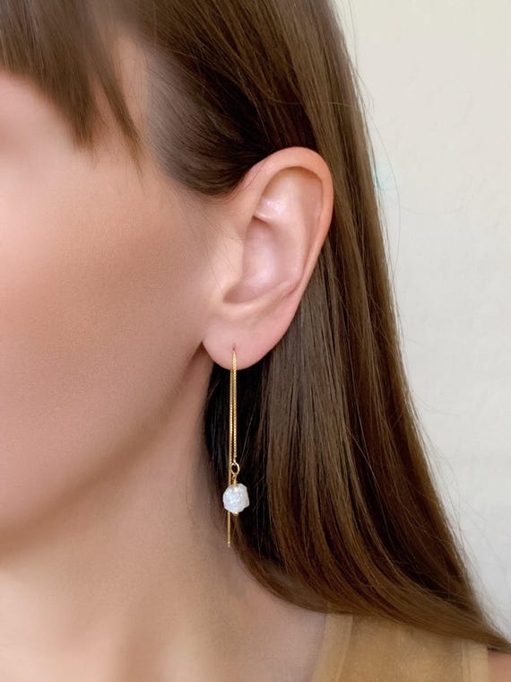 Rainbow Moonstone Pull Through Threader Box Chain Earrings June Birthstone Jewelry Gift