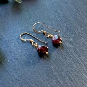 Garnet Dangle Earrings – Tiny January Birthstone Jewelry in Gold Filled or Sterling Silver