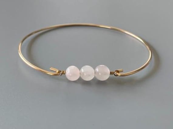 Rose Quartz Birthstone Bangle Bracelet – October Gemstone Jewelry in 14k Gold Filled or Sterling Silver