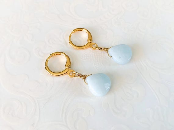 Amazonite Heart Briolette Huggie Hoop Earrings – Gold Leverback Faceted Gemstone Jewelry