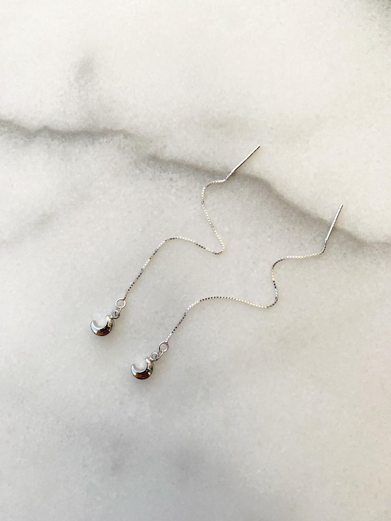Moon Threader Earrings – Raw Gemstone Pull Through Earrings in Rhodium Plated Sterling Silver