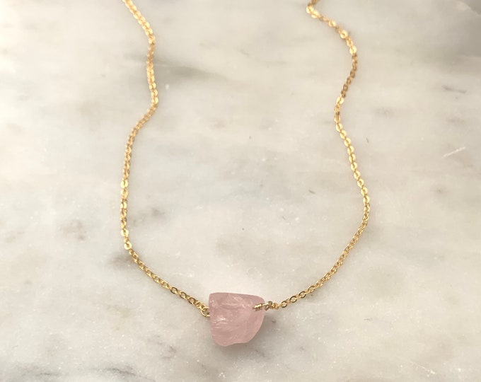 14K Gold Filled RAW ROSE QUARTZ Necklace, Raw Crystal Necklace, Rose Quartz Crystal Necklace