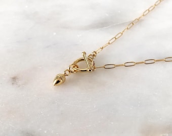 Naszyjnik z zawieszką w kształcie żołędzia – łańcuszek ze spinaczem do papieru ze złota 14k z zapięciem zaciskowym