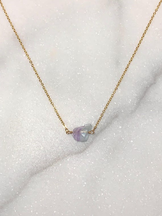 Raw Fluorite Necklace – Genuine Crystal Pendant – Adjustable Gold or Silver Plated Chain
