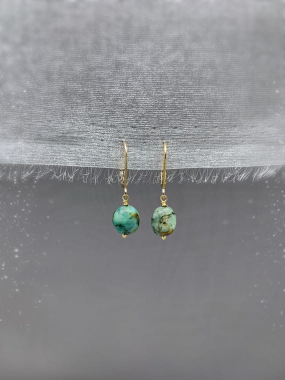 African Turquoise Leverback Earrings – Genuine Green Gemstone Dangle Earrings – 14k Gold Filled or Sterling Silver Jewelry