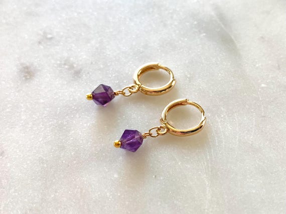 Amethyst Huggie Hoop Earrings – 8mm Star Cut Gemstones – Gold Plated February Birthstone Jewelry