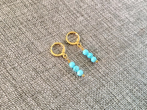 Turquoise Stack Huggie Hoop Earrings – Gold Leverback Gemstone Bead Jewelry