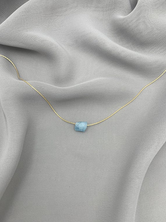 Aquamarine Necklace – Raw Blue Gemstone Pendant on 14k Gold Filled or Sterling Silver Beading Chain – March Birthstone Jewelry