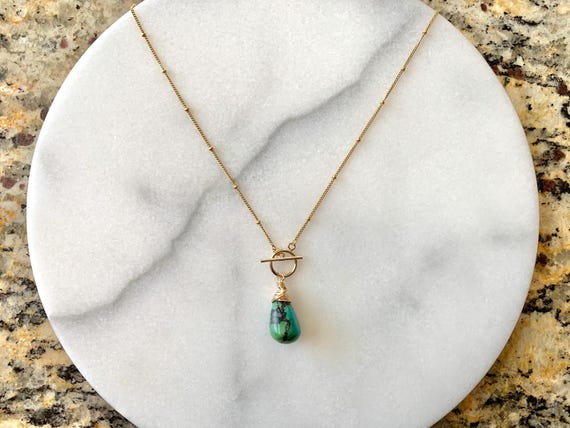 Turquoise Toggle Drop Necklace – December Birthstone Pendant in 14k Gold Filled or Sterling Silver