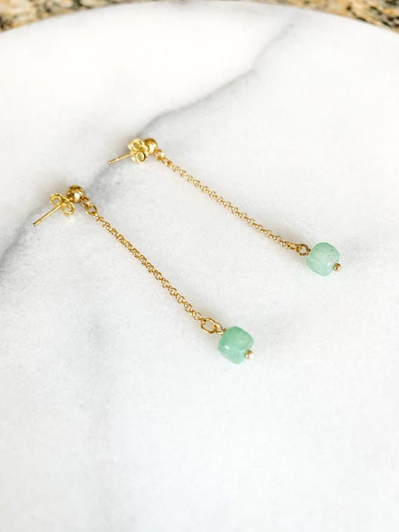 Green Aventurine Stud Earrings – Long Chain Drop Earrings in 14k Gold Filled or Sterling Silver
