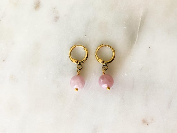 Rose Quartz Huggie Hoop Earrings – Madagascar Gemstone Beads on Gold Plated Leverbacks – October Birthstone Jewelry