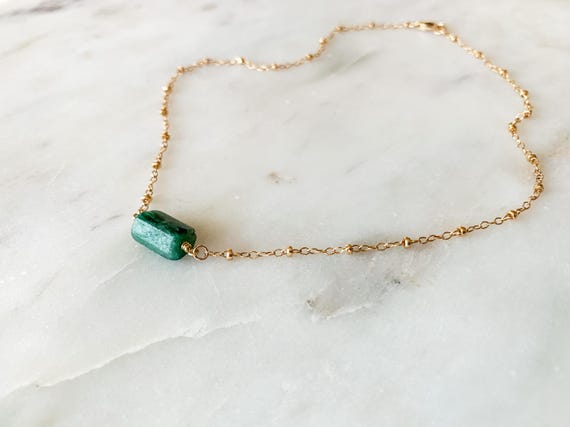Emerald Necklace – May Birthstone Jewelry – Natural Emerald Pendant 14k Gold Filled or Sterling Silver Beaded Cable Chain