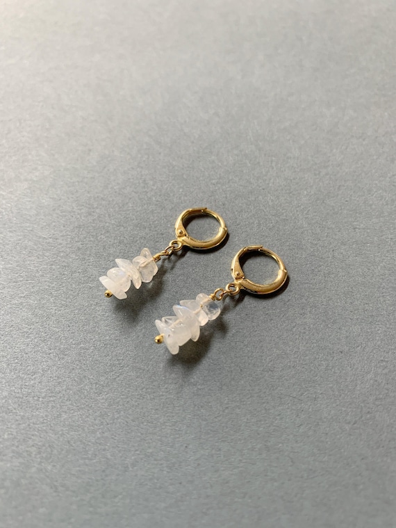 Moonstone Chip Huggie Hoop Earrings – Gold Plated Sterling Silver Gemstone Hoops