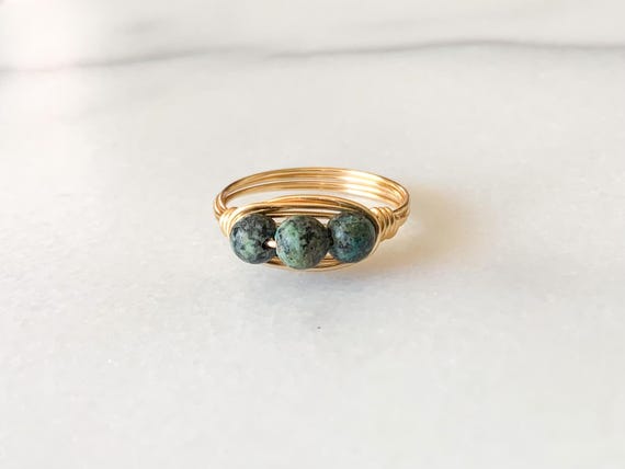 African Turquoise Wire Wrapped Ring – Three Stone Custom Size December Birthstone Jewelry