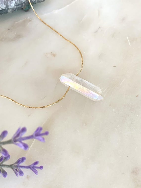 Quartz Point Necklace – AB Rainbow Raw Crystal Pendant on 14k Gold Filled or Sterling Silver Beading Chain