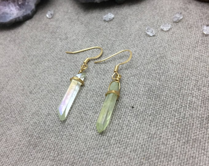 Green Aura Quartz Crystal Point Earrings, Clear Quartz Earrings