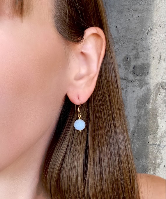 Blue Lace Agate Dangle Earrings – 6mm Round Gemstone Drops in Gold Filled or Sterling Silver