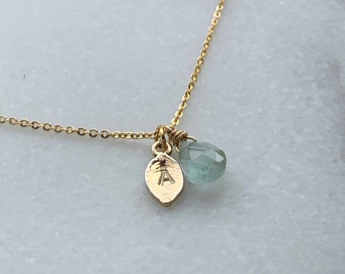 Personalized Aquamarine Birthstone Necklace, Personalized Letter Initial Leaf Name Necklace