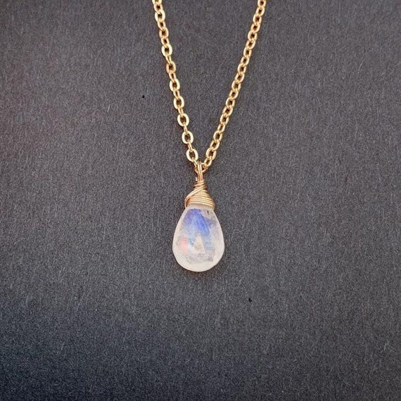 Rainbow Moonstone Pendant Necklace – Wire Wrapped Pear Briolette Gemstone Charm