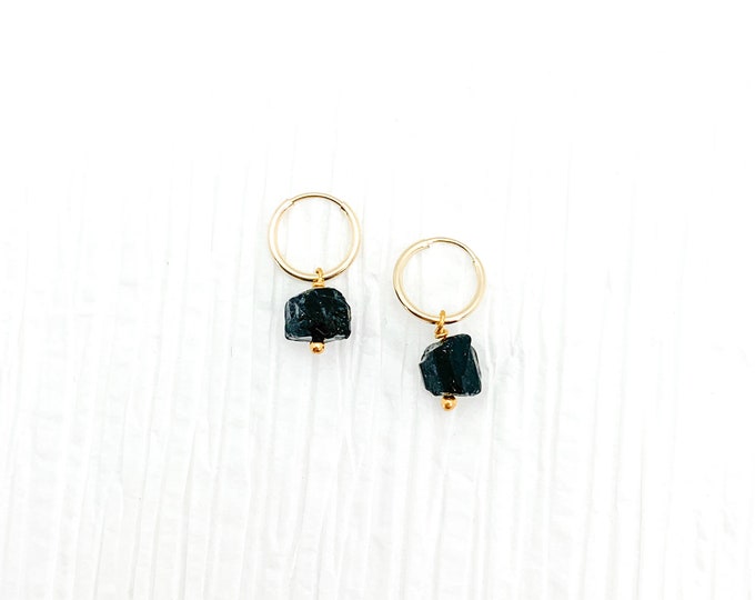 RAW BLACK TOURMALINE 14k Gold Filled Endless Hoop Earrings, Dainty Hoop Dangle Earrings