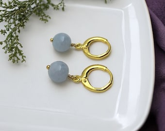 AQUAMARINE Round Bead Huggie Hoops Lever Back Hoop Earrings With Genuine Gemstone Beads