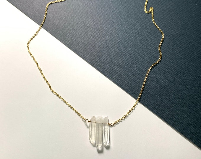 TRIPLE CLEAR QUARTZ Crystal Point Necklace, Rock Crystal Necklace, Raw Clear Quartz Crystal Necklace