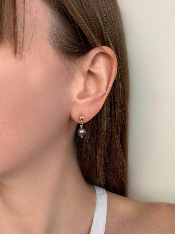 Purple Pearl Stud Earrings – Dainty Freshwater Pearl Dangles in 14k Gold Filled – Minimalist Everyday Jewelry