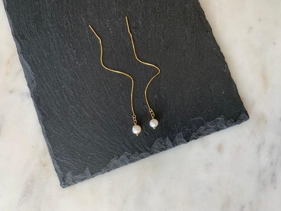 Freshwater Pearl Threader Earrings – June Birthstone Pull Through Earrings in 14k Gold Filled or Sterling Silver