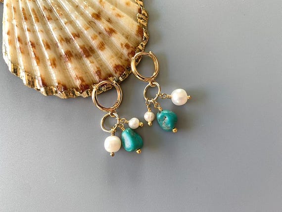 Turquoise & Pearl Cluster Huggie Hoop Earrings – High Quality Gold Plated Gemstone Jewelry