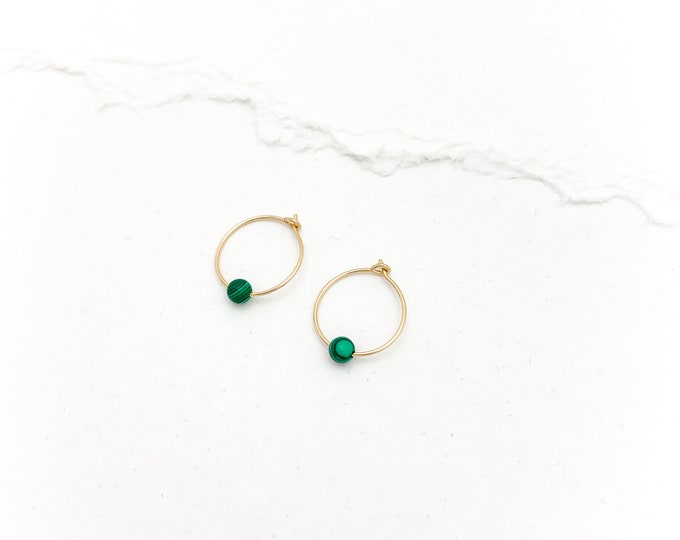 MALACHITE Tiny Gemstone Hoop Earrings With Genuine Gemstone Beads