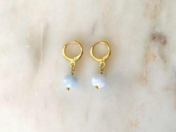 Aquamarine Huggie Hoop Earrings – Natural Gemstone Bead Dangles – Gold or Silver Round Leverback Earrings