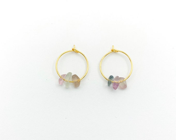 FLUORITE Chip Small Hoop Earrings, 14k Gold Filled, Rose Gold Filled, or Sterling Silver Tiny Hoop Earrings With Genuine Gemstone Beads