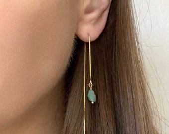 RAW EMERALD Threader Earrings, Raw Gemstone Threader Earrings in Gold or Sterling Silver, Raw Emerald Gemstone Drop Earrings, May Birthstone