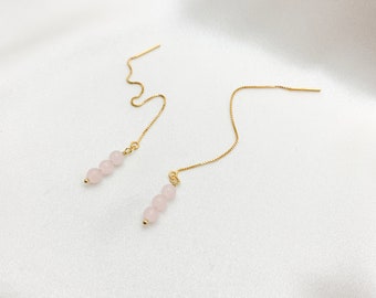 ROSE QUARTZ 3 Stone Threader Earrings, Raw Gemstone Threader Earrings in Gold or Sterling Silver