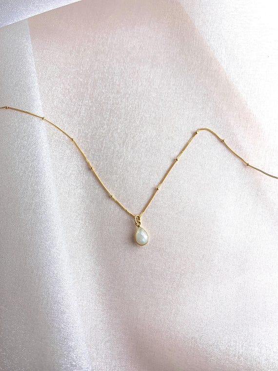 Rainbow Moonstone Drop Necklace – Vermeil Bezel Teardrop on Satellite Chain