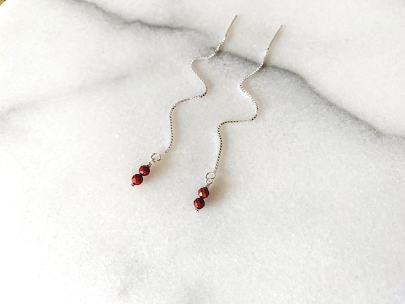 Red Jasper Threader Earrings – Faceted Two Stone Drop in Gold Filled or Sterling Silver
