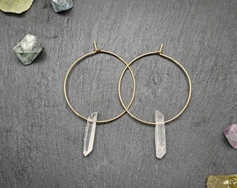 Raw Quartz Crystal Hoop Earrings – Natural Quartz Point Hoops – Sterling Silver or 14k Gold Filled Minimalist Jewelry