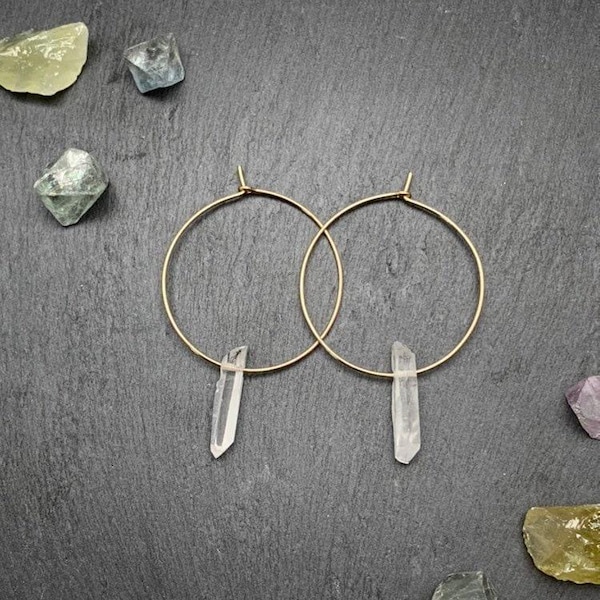 Raw Quartz Crystal Hoop Earrings – Natural Quartz Point Hoops – Sterling Silver or 14k Gold Filled Minimalist Jewelry