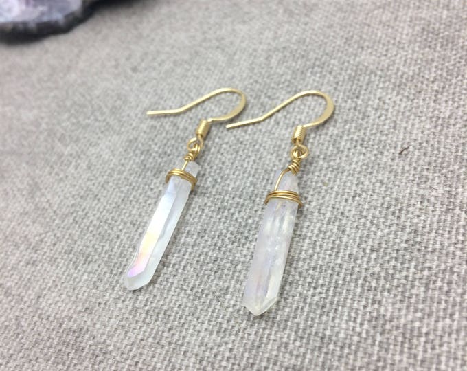 Angel Aura Quartz Crystal Point Earrings Rainbow Quartz Earrings Silver 14k Gold Filled Rose Gold Filled Quartz Crystal Earrings